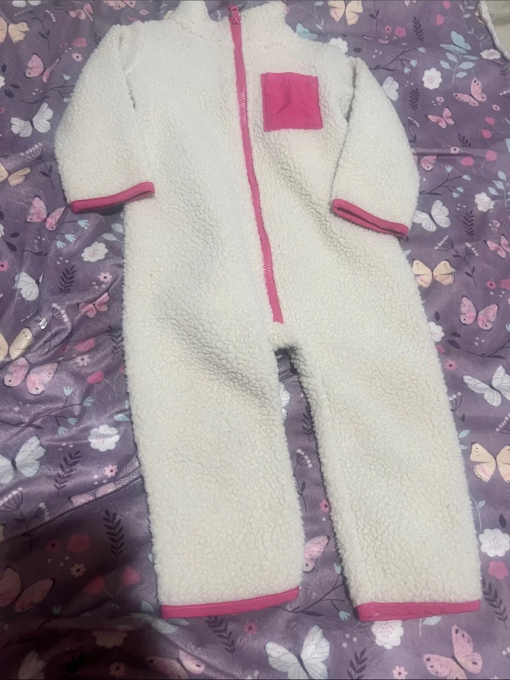 Cozy Cream Sherpa One-Piece with Pink Trim